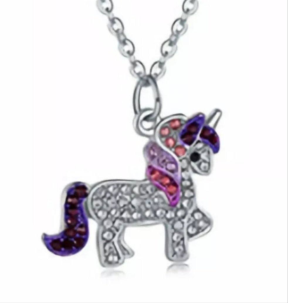 Purple Pink Crystal Pony Necklace -with Rhinestones on Silver Chain