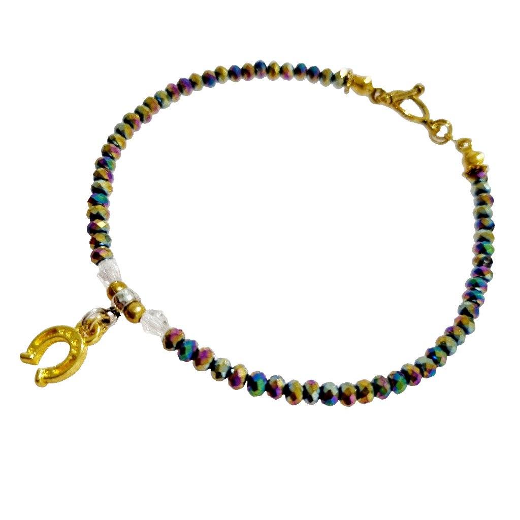 Rainbow Crystal Rondels Gold Horseshoe Bracelet with toggle clasp and clear crystal accents.