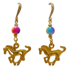 Gold-toned rainbow horse earrings with ceramic beads and hook design.