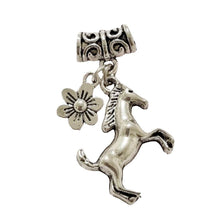 Rearing Silver Horse Flower Charm Necklace with Antique Silver Connector and Horse Pendant