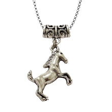 Rearing Silver Horse Flower charm Necklace for equestrians, 55cm chain, silver horse and flower charms.