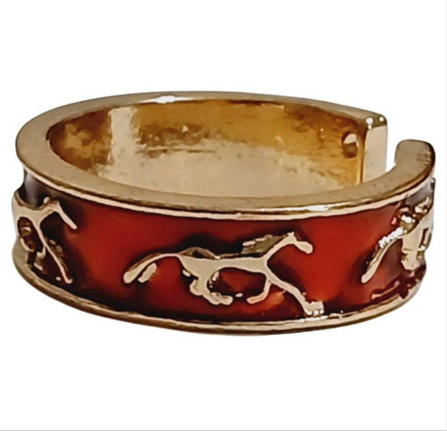 Red and gold horse ring with open size red band and gold plating, featuring horse designs.