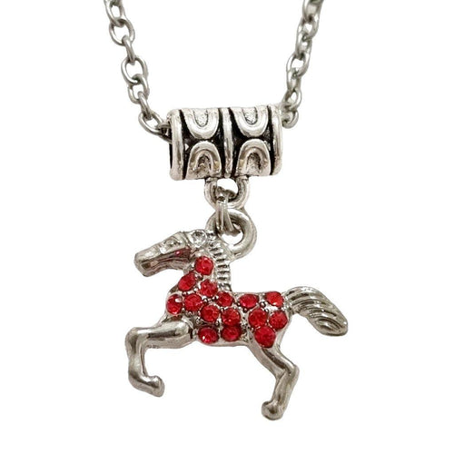 Silver Red Spotted Horse Charm Necklace with red crystal accents on stainless steel chain.