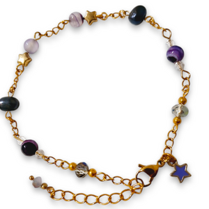 Pearl purple striped agate star charm bracelet with Tahitian pearls and gold chain.