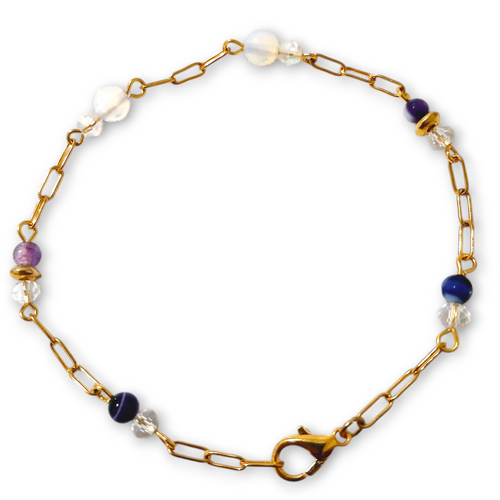 Purple Stripped Agate Opalite Bracelet with gold stainless steel and crystal accents.