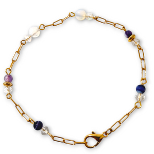 Purple Stripped Agate Opalite Bracelet with gold stainless steel and crystal accents.