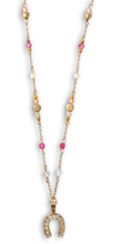 Pink Agate Horseshoe Beaded Necklace with striped agate, opalite, and gold-plated beads on a gold-toned chain.