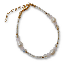 Pearl child bracelet with real pearls, crystal beads, and gold accents, featuring a lobster claw clasp and extension chain.