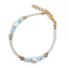 Pearl Seedbead Bracelet Child Size with real pearls, crystal bicone, rondels, and gold stainless steel beads.