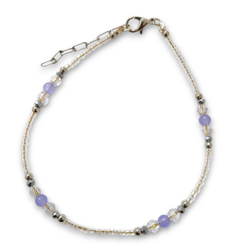 Purple Chalcedony anklet with crystal and stainless steel beads.