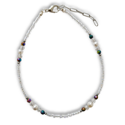 Pearl seedbead anklet with pearl beads, crystal bicones, and silver stainless steel beads, featuring a lobster claw clasp and extension chain.