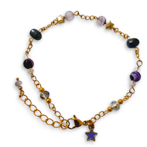 Pearl Purple Striped Agate Star Charm Bracelet with Tahitian Pearls and Gold Stainless Steel.