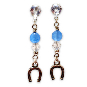 Blue Aquamarine Crystal Horseshoe Earrings with gemstones and mixed metal charms.