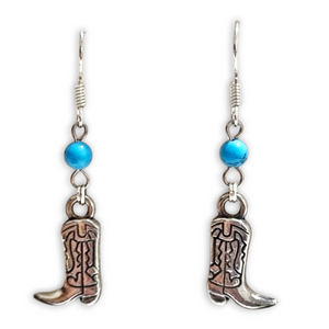 Boots turquoise bead silver earrings with horse riding boot charm.