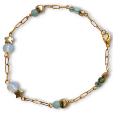 Opalite Stars Lovehearts Bracelet with gemstone beads on gold-plated chain.