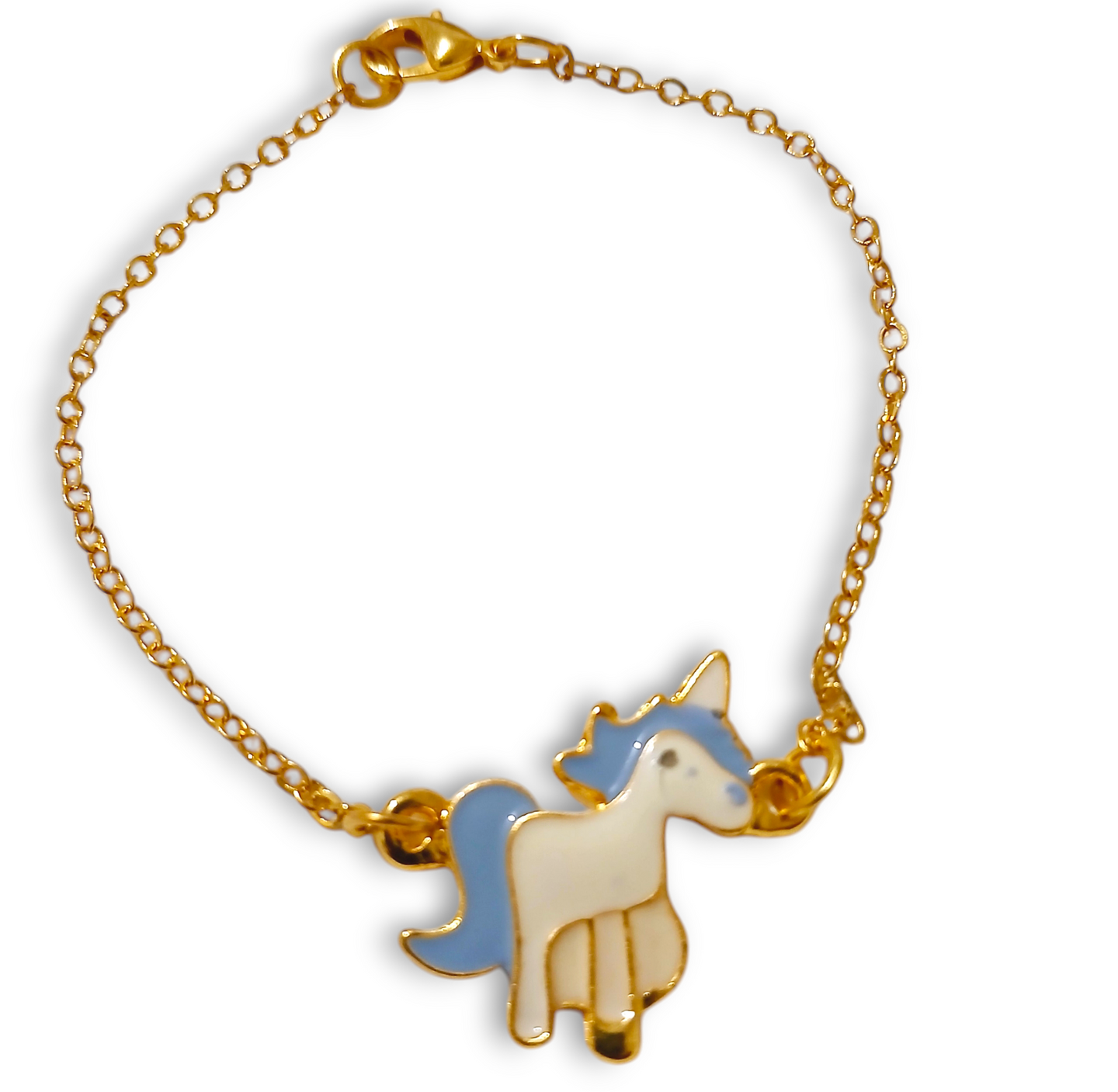 Unicorn Blue White GP Bracelet with gold plated pendant and linked chain.