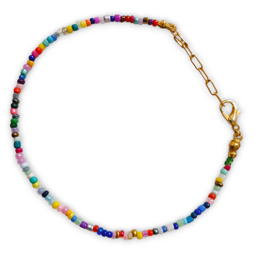 Multi Color Seedbead Anklet with gold stainless steel beads and lobster clasp.