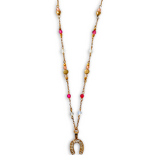 Pink Agate Horseshoe Beaded Necklace with striped pink agate, opalite beads, and gold-plated details.