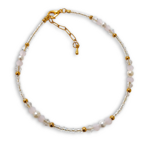 Pink White Gold Anklet with pearls, crystals, and gold beads, featuring a lobster clasp and extension chain.