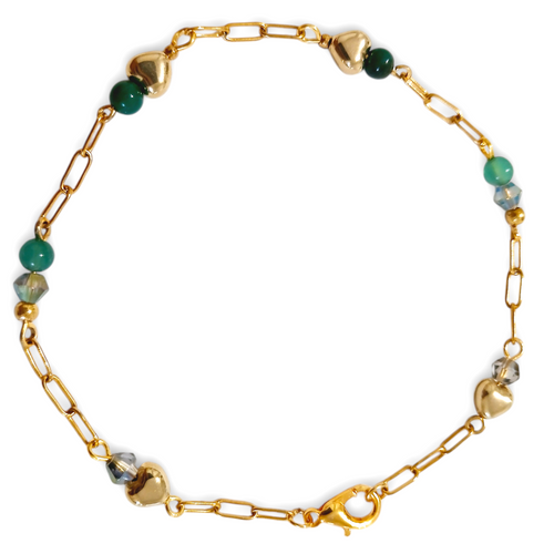 Chrysocella Gold Crystal Bracelet - with green and blue gemstone beads, gold star charm, and gold hematite beads on a stainless steel chain.