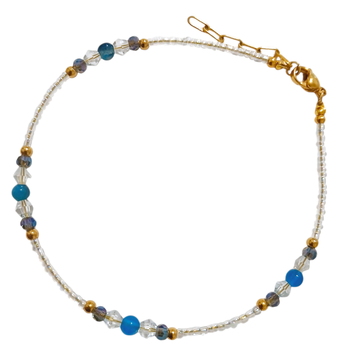 Blue Agate Anklet with 4mm gemstones, crystals, and gold stainless steel beads.