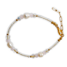 Pearl Child Bracelet with real pearls, crystal beads, and gold stainless steel accents.