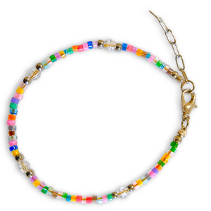 Colorful small seedbead bracelet with silver beads and lobster clasp.