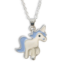 Unicorn blue white silver necklace with enamel-coated unicorn pendant on a silver chain.