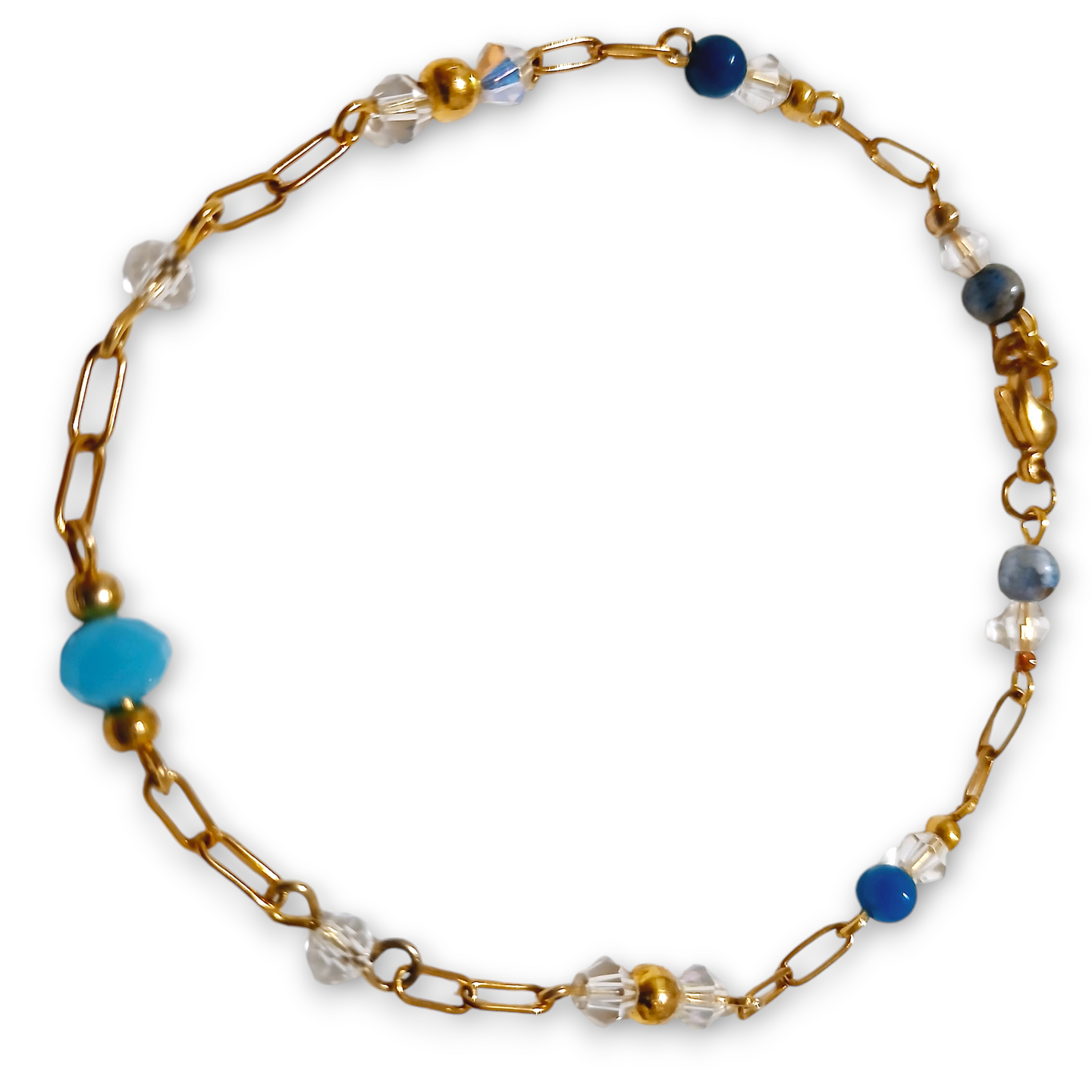 Gold tone crystal gemstone bracelet with blue and clear crystal rondels, Sodalite, and Blue Agate beads on a paperclip chain.