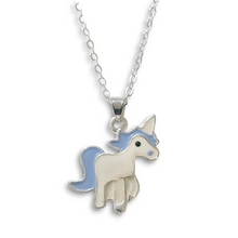 Unicorn Blue White Silver Necklace with enamel-coated pendant on silver chain.