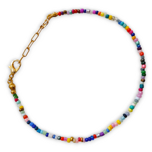 Multi Color Seedbead Anklet with colorful beads and gold accents.