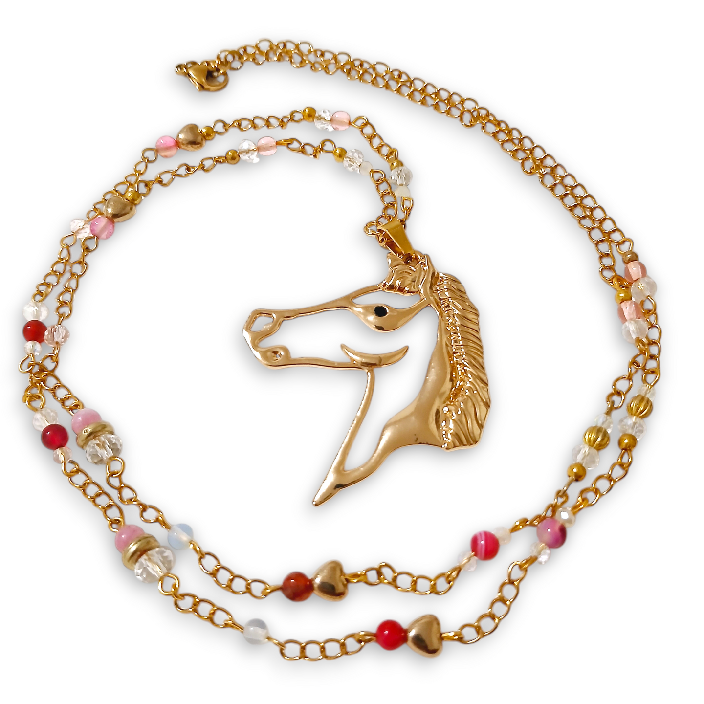 Horsehead GP Pendant Pink Agate Crystal Necklace with Beaded Design