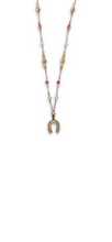 Pink Agate Horseshoe Beaded Necklace with striped pink agate, opalite, gold-plated beads, and crystal chips on a gold-toned chain.