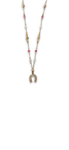 Pink Agate Horseshoe Beaded Necklace with striped pink agate, opalite, gold-plated beads, and crystal chips on a gold-toned chain.