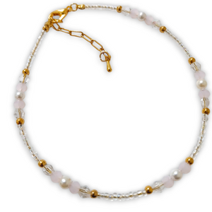 Pink White Gold Anklet with pearl seed beads, pink crystals, gold stainless steel beads, and silver stainless steel end beads.