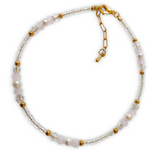 Pink White Gold Anklet with pearl, crystal, and gold beads.