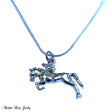 Show Jumping Horse Rider Silver Necklace with antique silver pendant on 55cm chain.