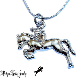 Show Jumping Horse Rider Silver Necklace with antique silver pendant and 55cm stainless steel chain.