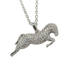 Silver and clear zirconia horse pendant necklace with crystal zircon stones on a stainless steel chain.