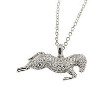 Silver and clear zirconia horse pendant necklace with crystal inlay on stainless steel chain.