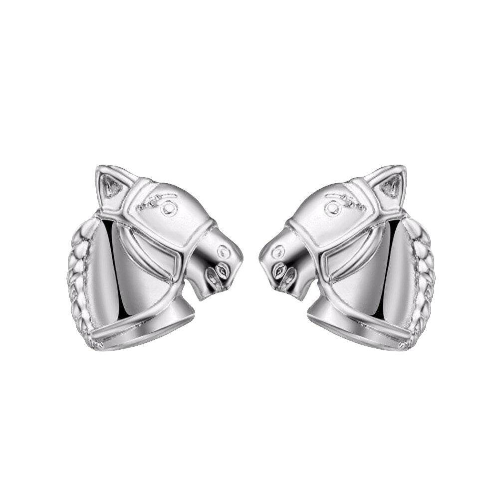 Silver bobbled mane horsehead stud earrings - with bridle, silver-toned, gift bag included.