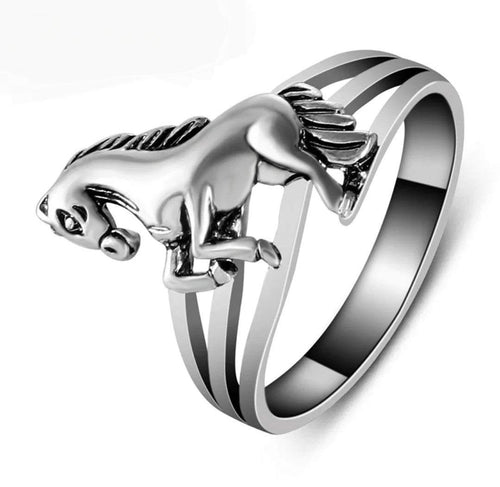 Silver equestrian ring with rearing horse design, antique silver texture, three-band style.