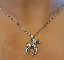 Silver foal pendant necklace on stainless steel chain for horse lovers.