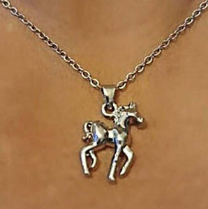 Silver foal pendant necklace on stainless steel chain.