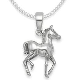 Silver foal pendant necklace on stainless steel chain.