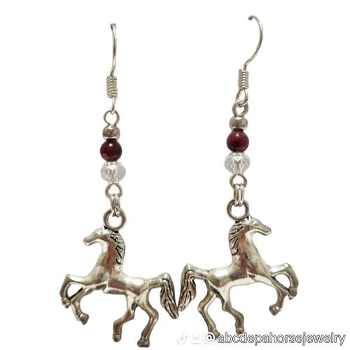 Silver Garnet Bead Crystal Horse Earrings - AbcdepaHorseJewelry