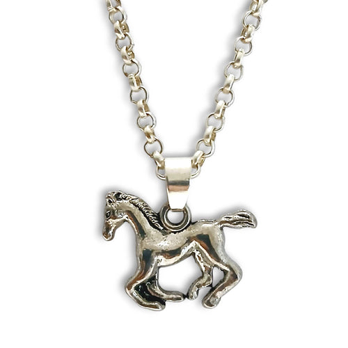 Silver Horse Cantering Necklace on silver rolo chain with horse pendant.