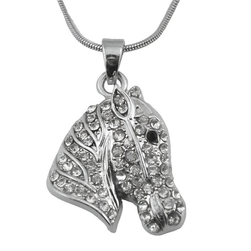 Silver horse head pendant with rhinestones on 55cm snake chain.