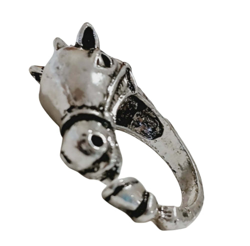 Silver horse head wrap around ring, adjustable and elegant, perfect for horse lovers.