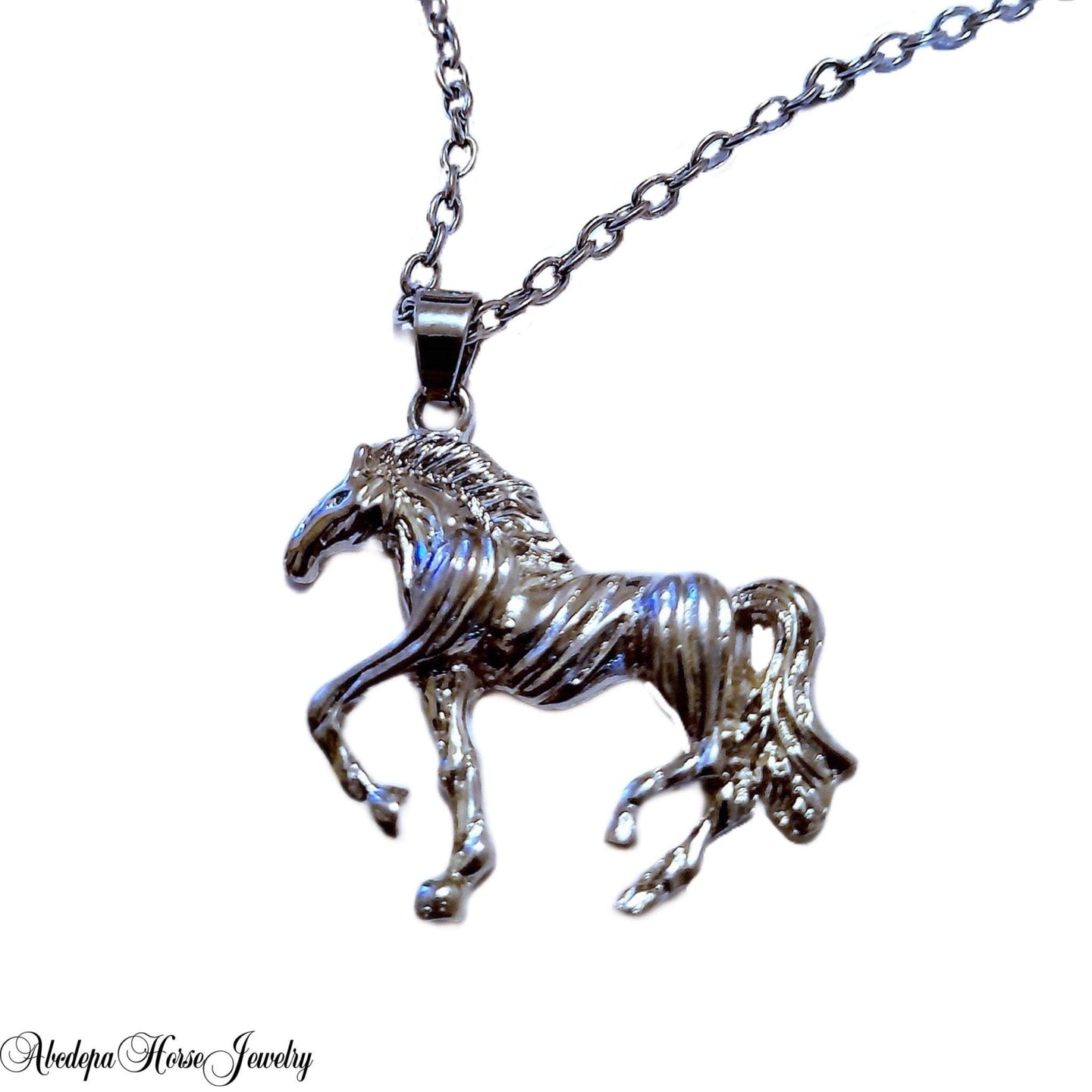 Silver Horse Cantering Pendant Necklace with customizable crystal birthstone charm.